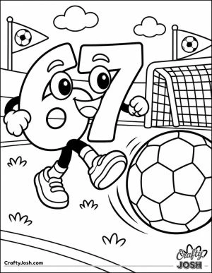 67 kicks a giant soccer ball toward a goal while flags, grass, and a simple soccer field fill the background