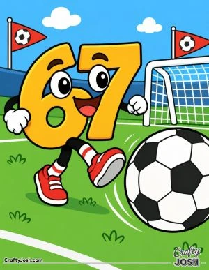 67 kicks a giant soccer ball toward a goal while flags, grass, and a simple soccer field fill the background