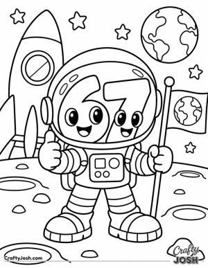 67 stands proudly on the moon in a big astronaut helmet beside a rocket and flag, with a planet and stars overhead