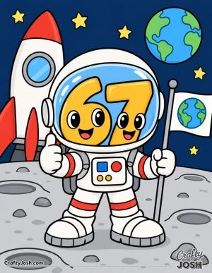 67 stands proudly on the moon in a big astronaut helmet beside a rocket and flag, with a planet and stars overhead