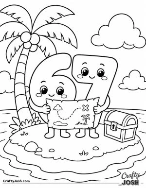 The number 67 stands on a little island holding a treasure map beside a small treasure chest, with a palm tree, ocean, and clouds nearby