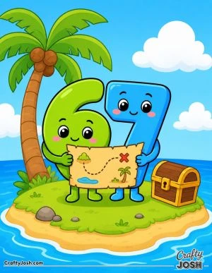 The number 67 stands on a little island holding a treasure map beside a small treasure chest, with a palm tree, ocean, and clouds nearby
