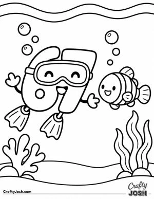 67 swims underwater wearing a big diving mask and flippers beside a friendly smiling fish, with bubbles, coral, and seaweed around them