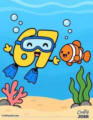 67 swims underwater wearing a big diving mask and flippers beside a friendly smiling fish, with bubbles, coral, and seaweed around them