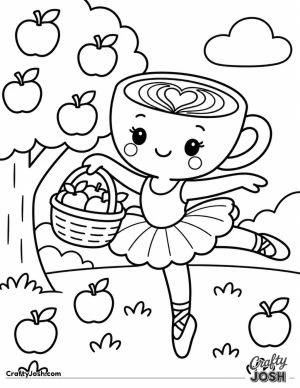 Ballerina Cappuccina dances beside an apple tree while carrying a basket full of apples, with a few apples scattered on the grass