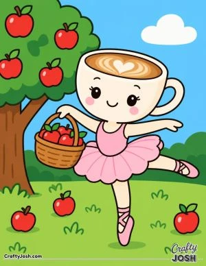 Ballerina Cappuccina dances beside an apple tree while carrying a basket full of apples, with a few apples scattered on the grass