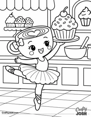 Ballerina Cappuccina dances through a bakery while balancing a giant cupcake on a tray beside a mixing bowl and cupcakes