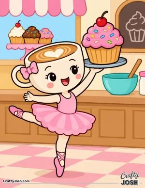 Ballerina Cappuccina dances through a bakery while balancing a giant cupcake on a tray beside a mixing bowl and cupcakes