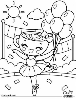 Ballerina Cappuccina dances with a bunch of balloons beneath a sunny sky, surrounded by a banner and confetti