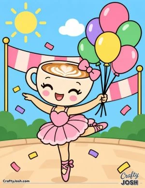 Ballerina Cappuccina dances with a bunch of balloons beneath a sunny sky, surrounded by a banner and confetti
