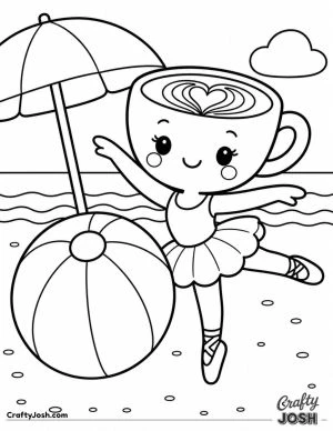 Ballerina Cappuccina balances on one foot beside a giant beach ball, with a beach umbrella, ocean waves, and sand around her