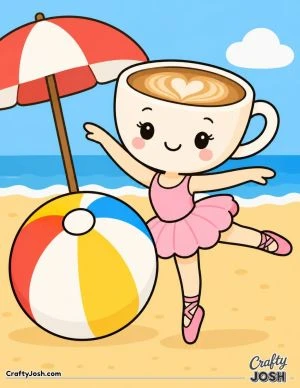 Ballerina Cappuccina balances on one foot beside a giant beach ball, with a beach umbrella, ocean waves, and sand around her