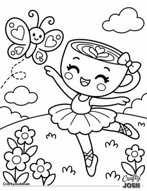 Ballerina Cappuccina dances across a grassy hill while reaching toward a friendly butterfly, with flowers and clouds around her