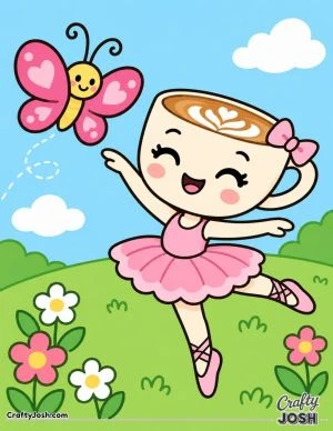 Ballerina Cappuccina dances across a grassy hill while reaching toward a friendly butterfly, with flowers and clouds around her