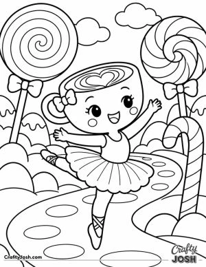 Ballerina Cappuccina dances along a winding candy path surrounded by giant lollipops, a candy cane, and sweet candy hills