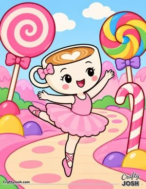 Ballerina Cappuccina dances along a winding candy path surrounded by giant lollipops, a candy cane, and sweet candy hills