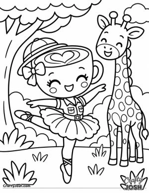 Ballerina Cappuccina dances in her safari outfit beside a friendly giraffe, with a large tree, bushes, and patches of grass around them