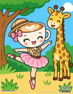 Ballerina Cappuccina dances in her safari outfit beside a friendly giraffe, with a large tree, bushes, and patches of grass around them