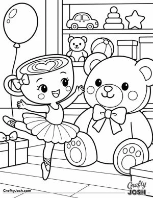 Ballerina Cappuccina dances beside a giant teddy bear in a cheerful toy shop filled with a balloon, toys, and gift boxes