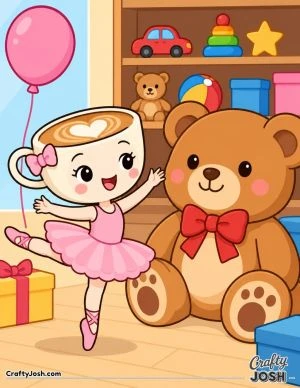 Ballerina Cappuccina dances beside a giant teddy bear in a cheerful toy shop filled with a balloon, toys, and gift boxes