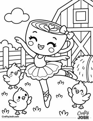 Ballerina Cappuccina performs a cheerful ballet pose in a farmyard while three baby chicks watch beside a barn and hay bale