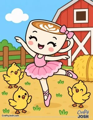 Ballerina Cappuccina performs a cheerful ballet pose in a farmyard while three baby chicks watch beside a barn and hay bale
