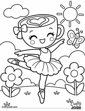 Ballerina Cappuccina dances happily through a cheerful garden with big flowers, a butterfly, and a sunny sky