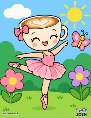 Ballerina Cappuccina dances happily through a cheerful garden with big flowers, a butterfly, and a sunny sky