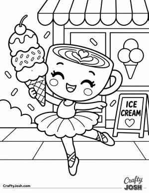 Ballerina Cappuccina twirls happily outside an ice cream shop while holding a giant three-scoop ice cream cone topped with a cherry