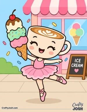 Ballerina Cappuccina twirls happily outside an ice cream shop while holding a giant three-scoop ice cream cone topped with a cherry