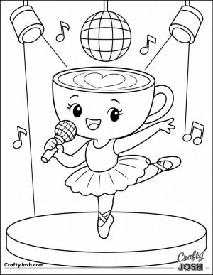 Ballerina Cappuccina sings into a microphone while balancing in a ballet pose on a stage beneath a disco ball and colorful lights
