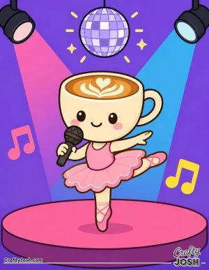 Ballerina Cappuccina sings into a microphone while balancing in a ballet pose on a stage beneath a disco ball and colorful lights