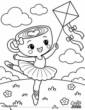 Ballerina Cappuccina dances across a grassy hill while flying a big kite beneath fluffy clouds