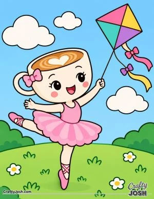 Ballerina Cappuccina dances across a grassy hill while flying a big kite beneath fluffy clouds