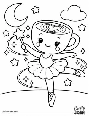 Ballerina Cappuccina twirls with a star-tipped magic wand beneath a crescent moon, surrounded by stars, sparkles, and a small cloud