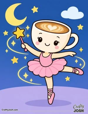 Ballerina Cappuccina twirls with a star-tipped magic wand beneath a crescent moon, surrounded by stars, sparkles, and a small cloud