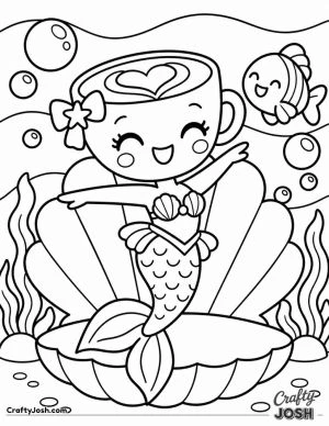 Ballerina Cappuccina poses as a mermaid on a giant seashell with a smiling fish, bubbles, and seaweed around her