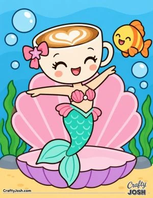 Ballerina Cappuccina poses as a mermaid on a giant seashell with a smiling fish, bubbles, and seaweed around her