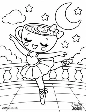 Ballerina Cappuccina performs a graceful ballet pose beneath a crescent moon and stars, wearing a tutu and bow