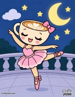 Ballerina Cappuccina performs a graceful ballet pose beneath a crescent moon and stars, wearing a tutu and bow