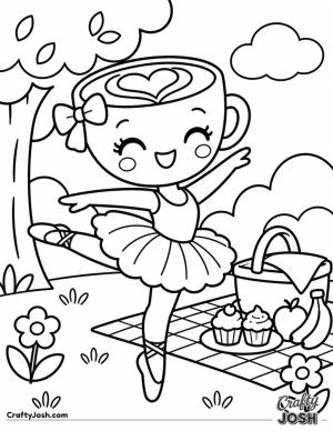 Ballerina Cappuccina dances beside a picnic blanket with a basket, cupcakes, fruit, flowers, and a large tree