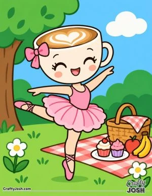 Ballerina Cappuccina dances beside a picnic blanket with a basket, cupcakes, fruit, flowers, and a large tree