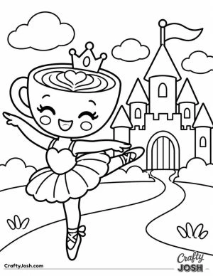 Ballerina Cappuccina performs a graceful ballet pose in front of a fairy-tale castle, wearing a crown and tutu
