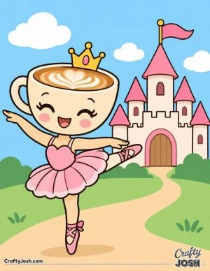Ballerina Cappuccina performs a graceful ballet pose in front of a fairy-tale castle, wearing a crown and tutu
