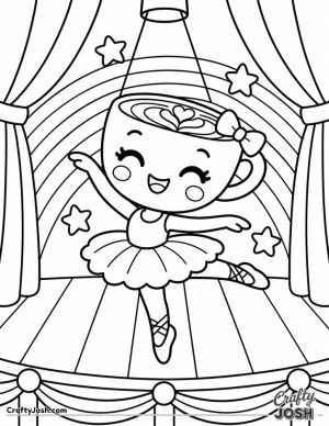 Ballerina Cappuccina performs a cheerful ballet pose on stage beneath a rainbow, surrounded by curtains, a spotlight, and stars
