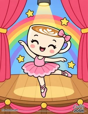 Ballerina Cappuccina performs a cheerful ballet pose on stage beneath a rainbow, surrounded by curtains, a spotlight, and stars