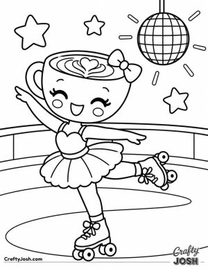 Ballerina Cappuccina performs a playful dance on roller skates at a rink with stars and a disco ball