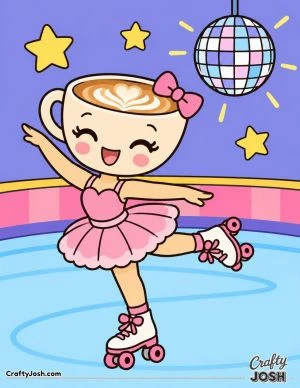 Ballerina Cappuccina performs a playful dance on roller skates at a rink with stars and a disco ball