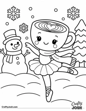 Ballerina Cappuccina twirls through the snow in her scarf and ballet slippers beside a cheerful snowman and snowy pine tree