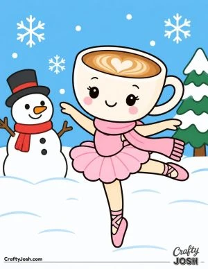 Ballerina Cappuccina twirls through the snow in her scarf and ballet slippers beside a cheerful snowman and snowy pine tree